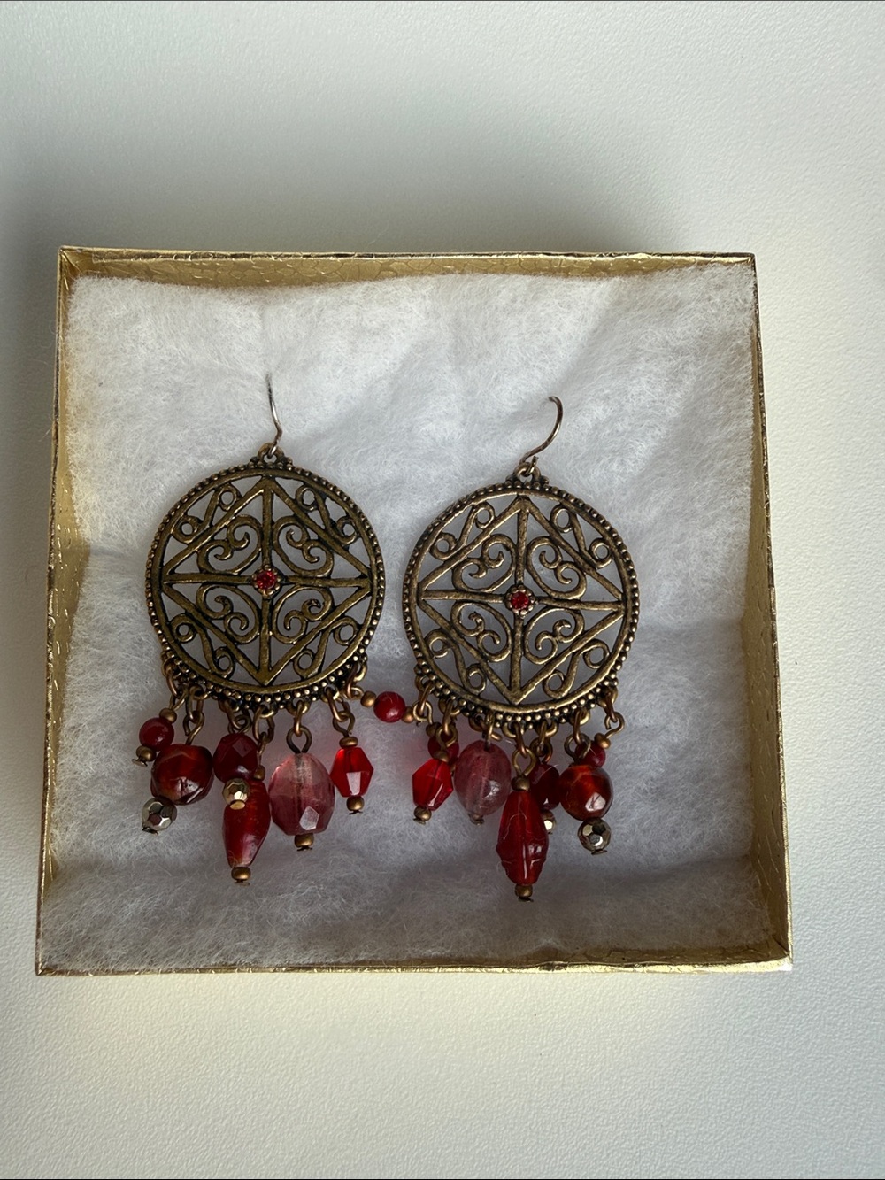Bohemian Filigree Red Bead Dangle Earrings